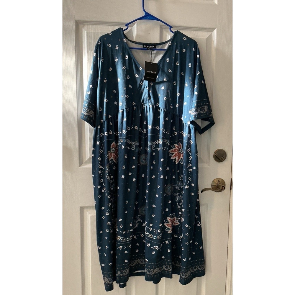 UDFORSK 2X Blue Boho Floral Lounge Dress Caftan Muumuu NWT Plus Size